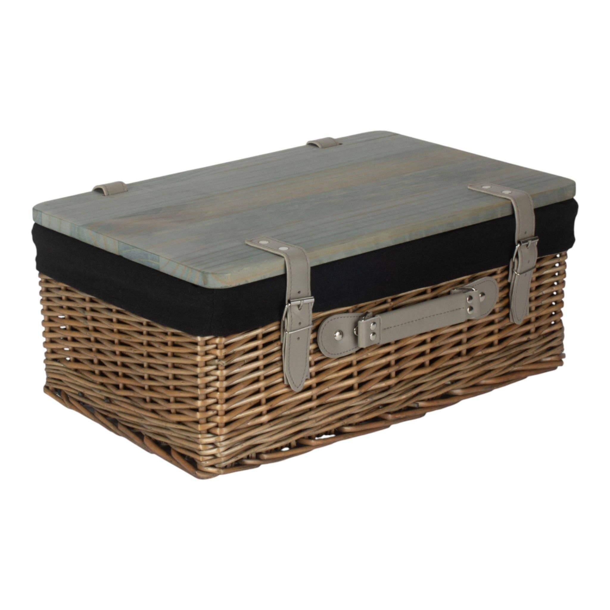 Red Hamper – wholesale Picnic basket – Antique Wash Black Lined Willow Empty Picnic Basket with Pinewood Lid1