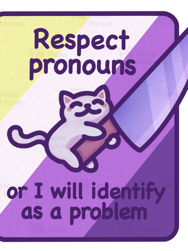 Adesivo in Vinile Divertente Rispetta i Pronomi | Orgoglio Trans, Gender Fluid e Non-Binary per la vendita all'ingrosso da parte di Mona Mauve • Silly Art!
