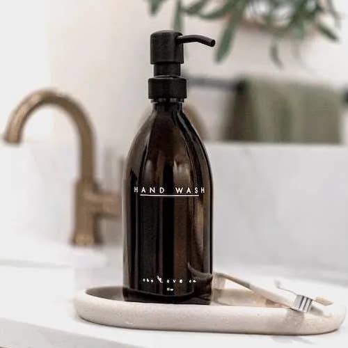 16 oz Amber Glass "Hand Wash" Dispenser w/ Matte Black Pump for wholesale by the Lave co