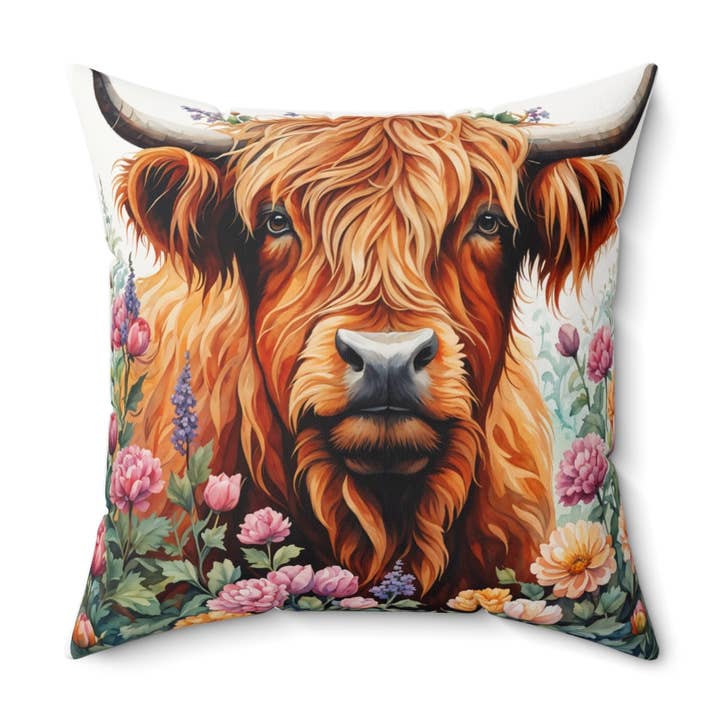Coussin Highland Cow, coussin décoratif 18 x 18, décor de ferme pour la vente par Upside Down Owl Farm