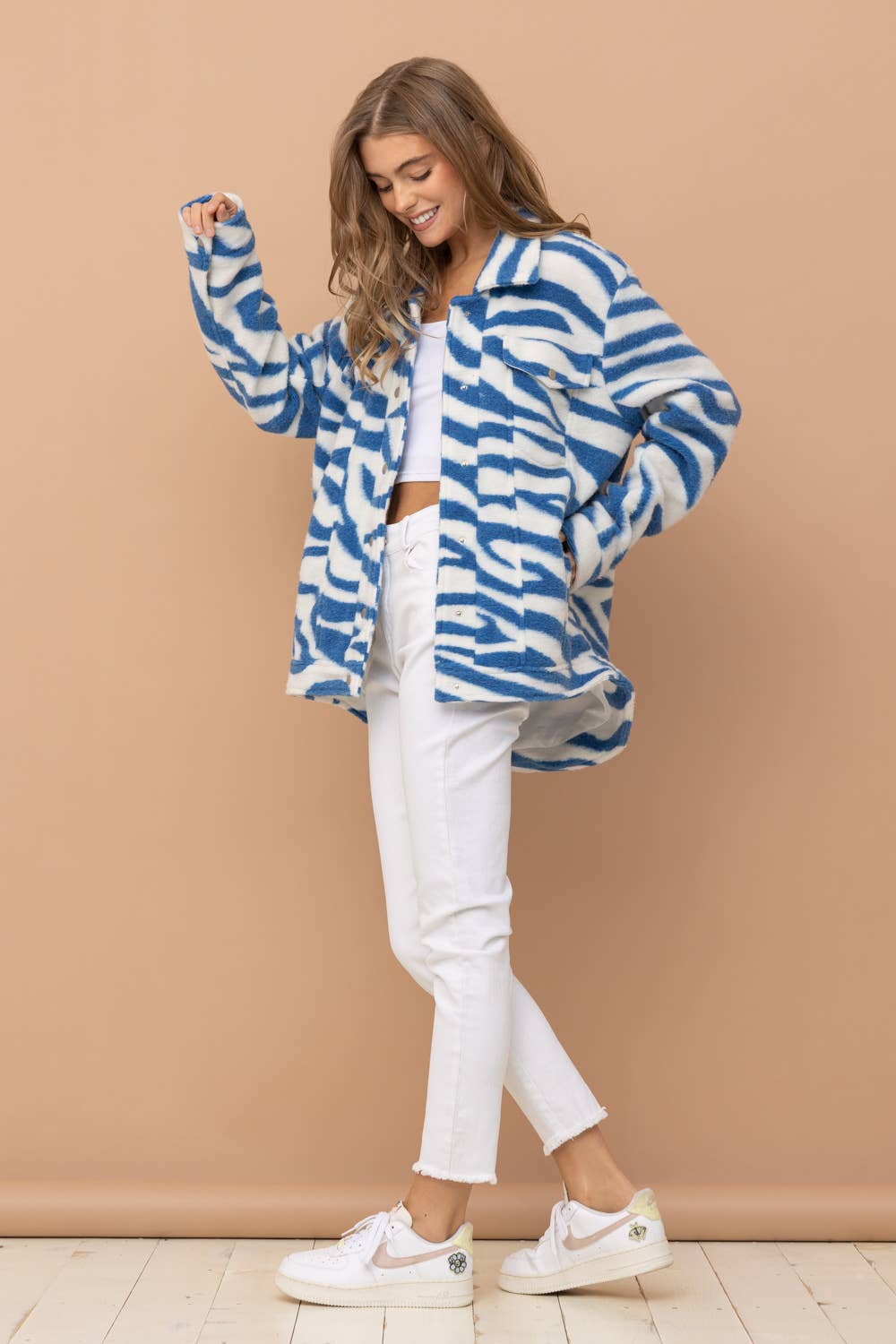 BLUE 31216J - Zebra Print Collared Over sized Jacket for wholesale on Faire4