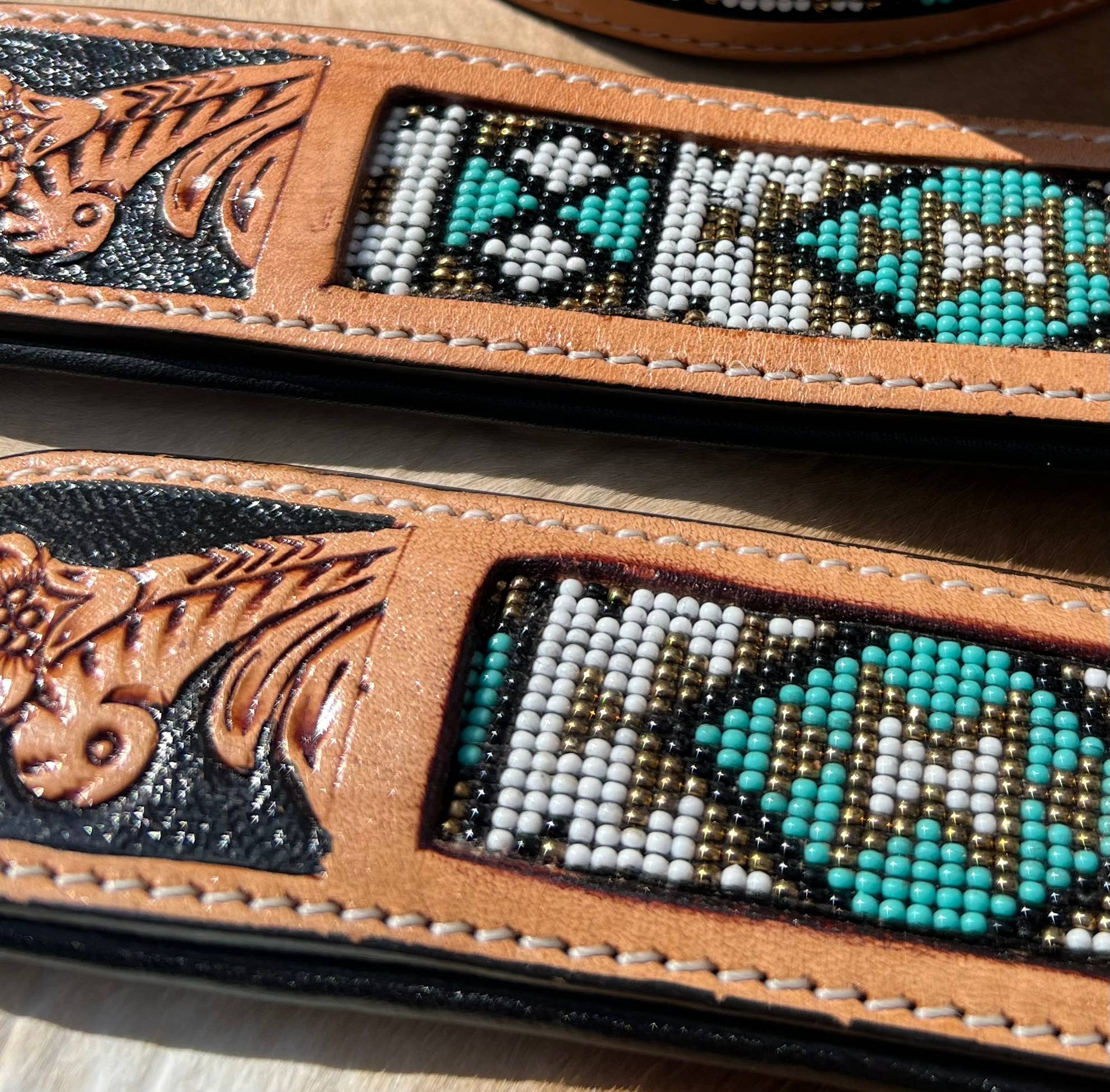 Westrian International - Wholesale Pet Collar - Dog - Southwestern Western Tooled Leather Beaded Dog Collar - Turq9