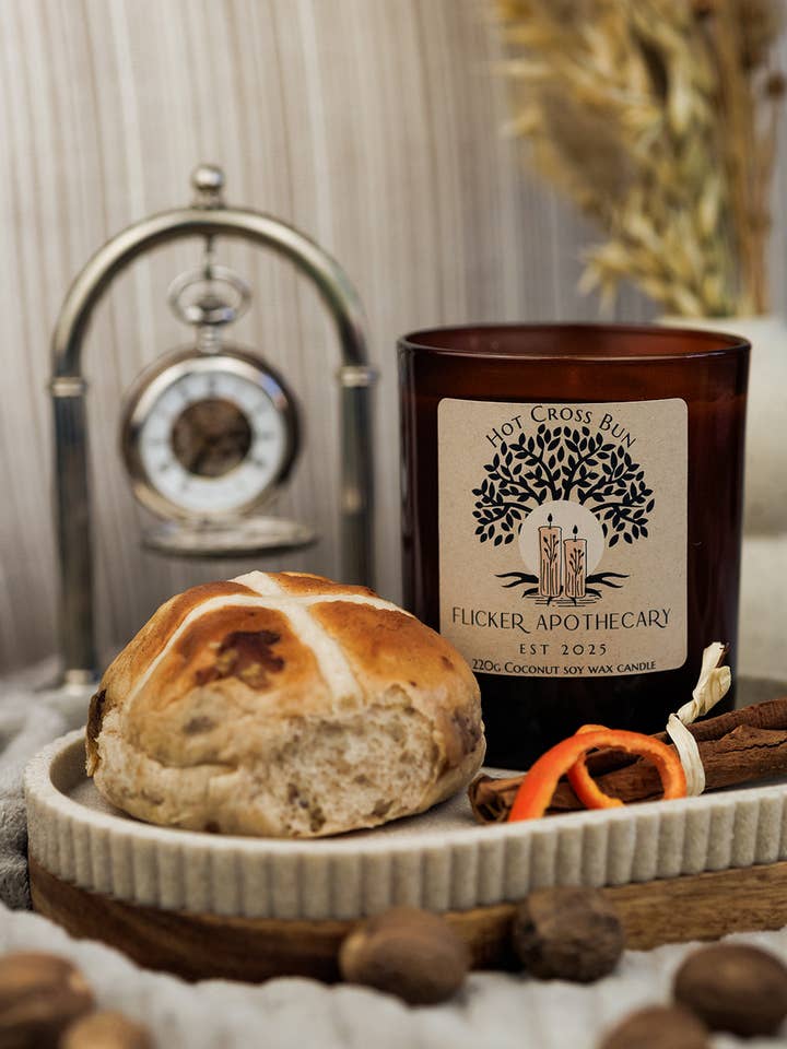 Hot Cross Bun 220g Coconut Soy Wax Candle for wholesale by Flicker Apothecary