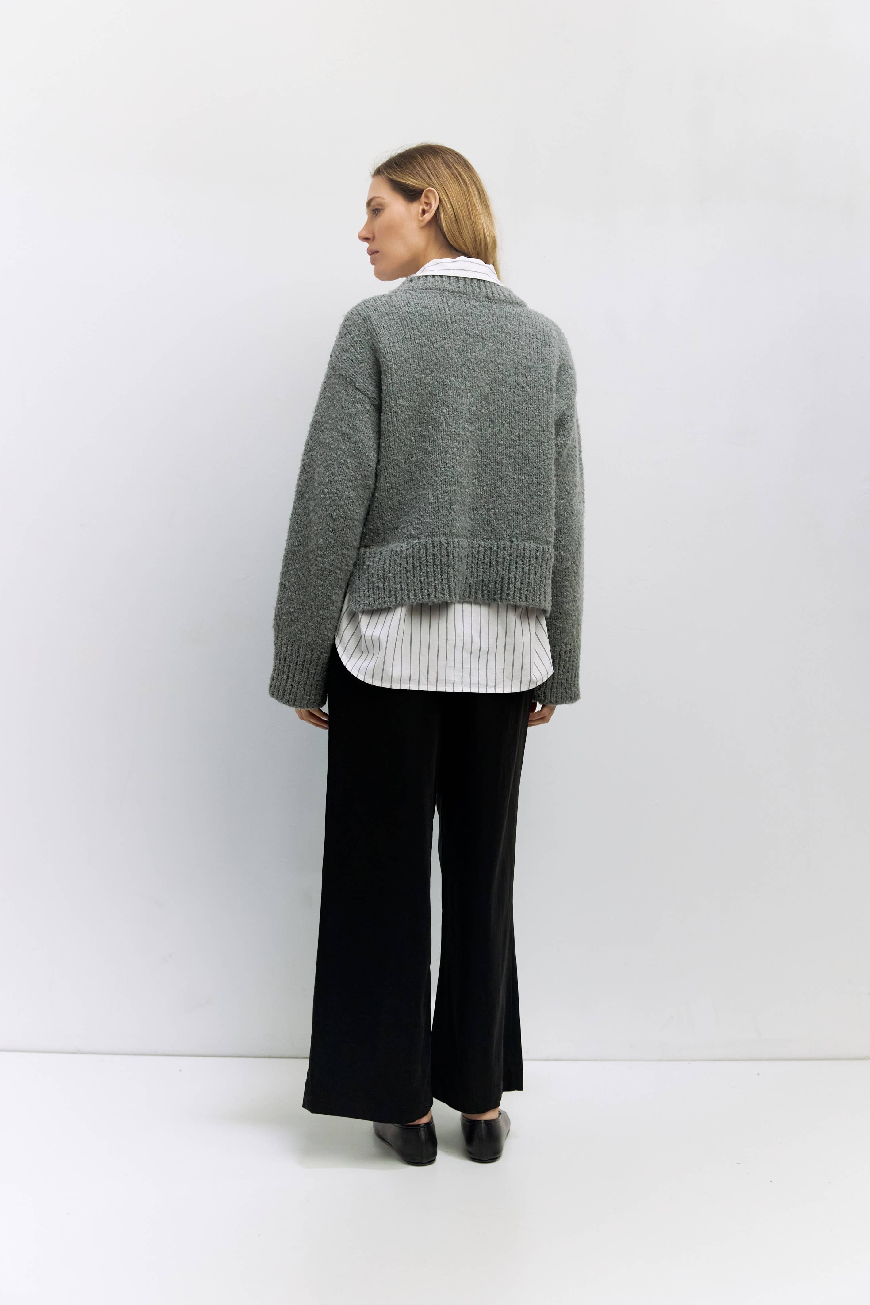 MOD REF - Wholesale Knit Sweater - Women's - The Glen Sweater | Oversized Boucle Knit V-Neck Sweater11