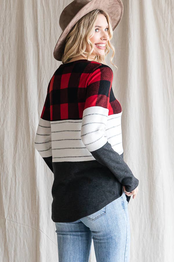 7th Ray - Wholesale Knit Top - Women's - Cozy Color Block Plaid Striped Thumbhole Pullover TopT4423-111