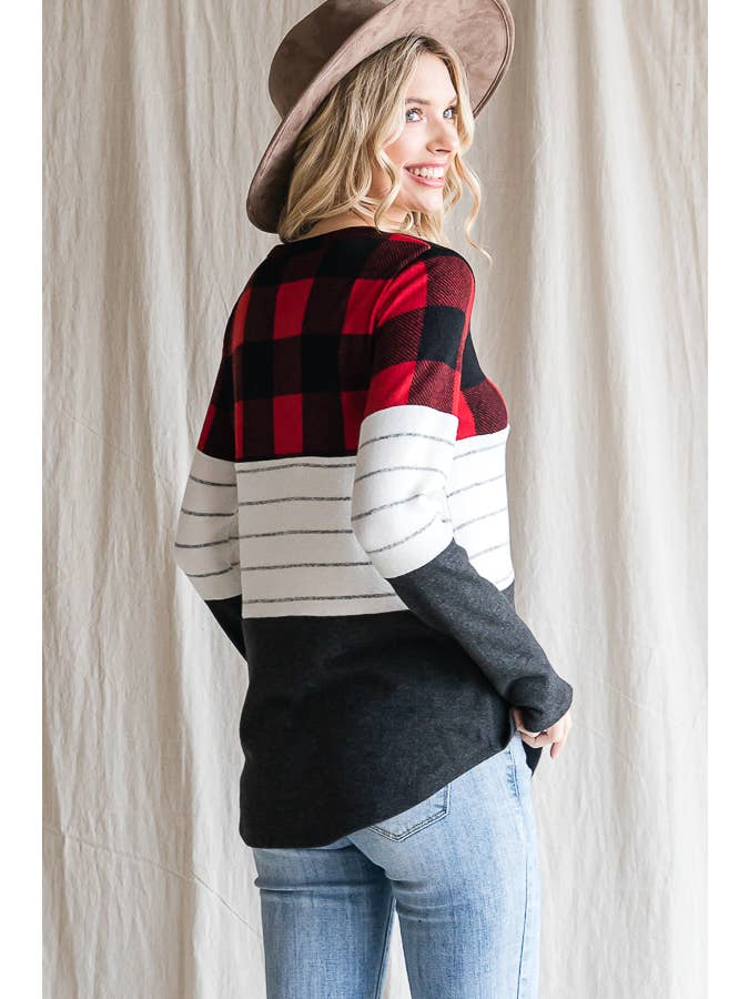 7th Ray - Wholesale Knit Top - Women's - Cozy Color Block Plaid Striped Thumbhole Pullover TopT4423-111