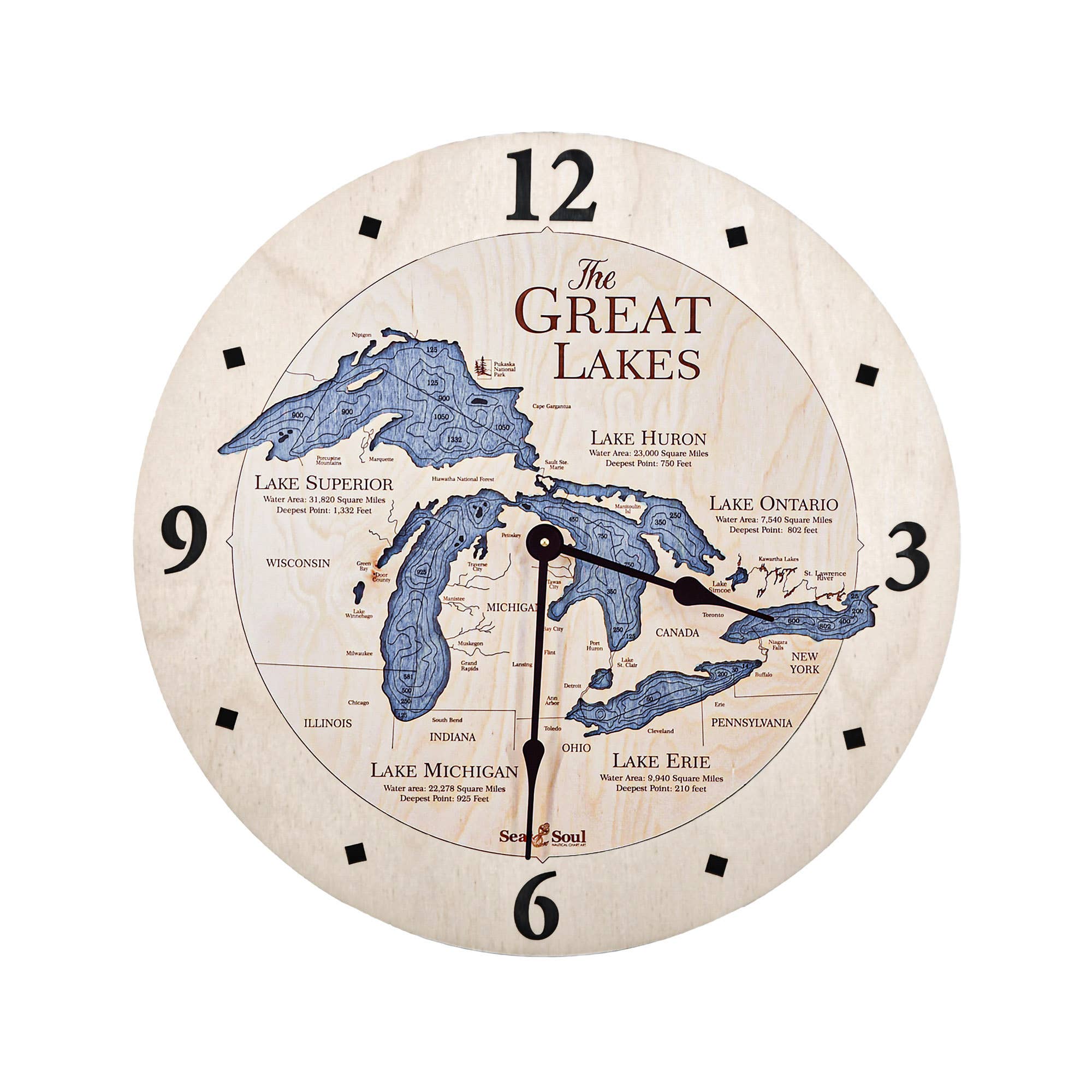 Sea & Soul Nautical Chart Art - Wholesale Muurklok - Great Lakes 3D Nautische kaart houten wandklok - 2 niveaus1