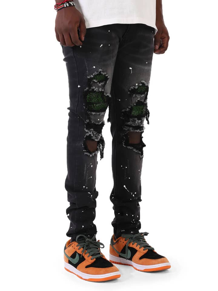 Black RHINESTONE PATCHED JEANS for wholesale on Faire