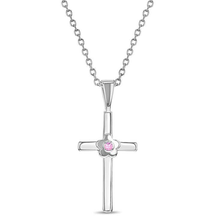 Collar Flower CZ Cross para niños/niñas, plata de ley para venta al por mayor de In Season Jewelry