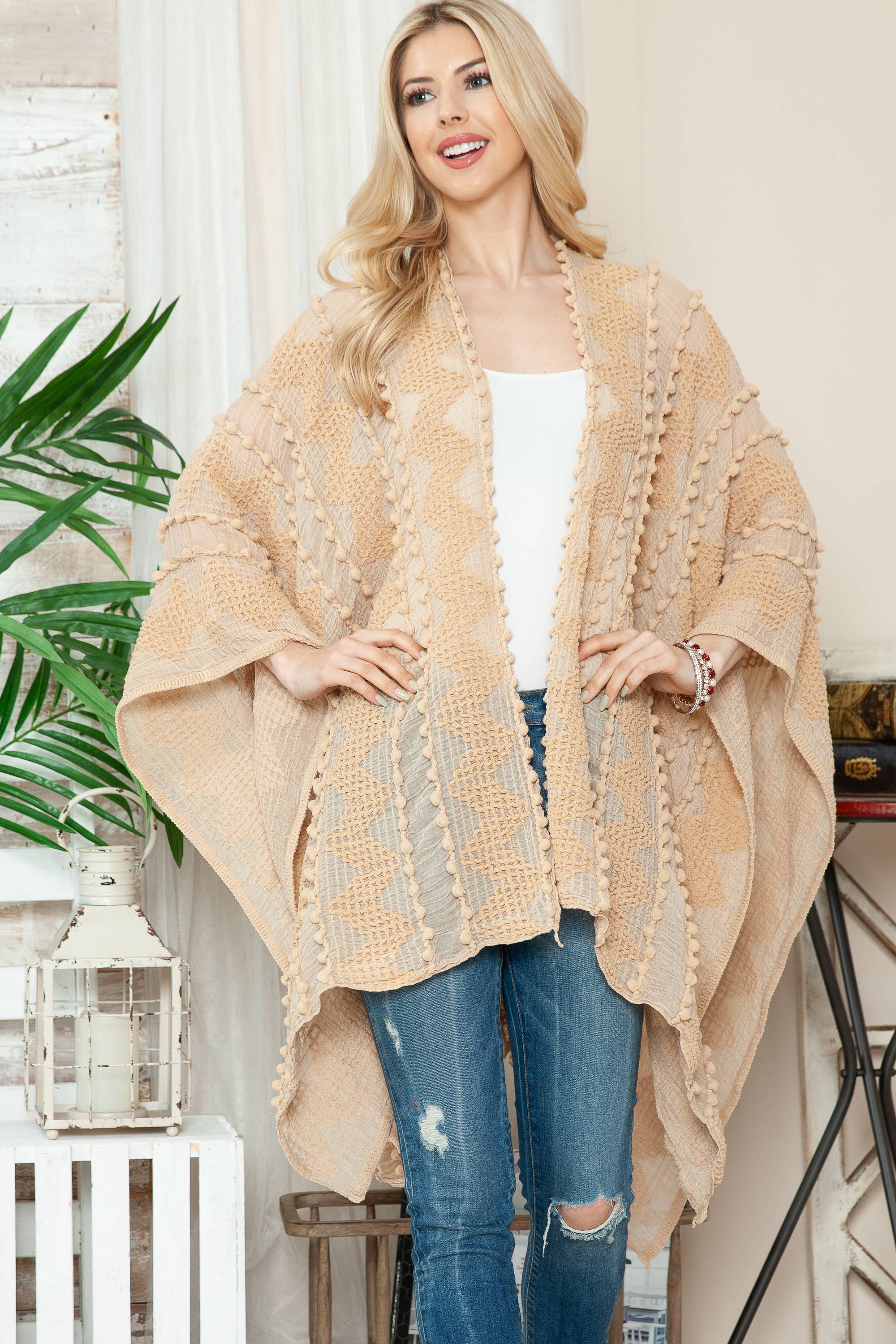 Justin & Taylor - Wholesale Kimono - Women's - Puffer-Up | Soft Textured Cover-Up Kimono With Pom Detail40