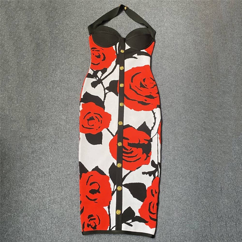 Rød DR0239 Chic Rose Jacquard halterkjole med guldknapper for engroshandel på Faire3