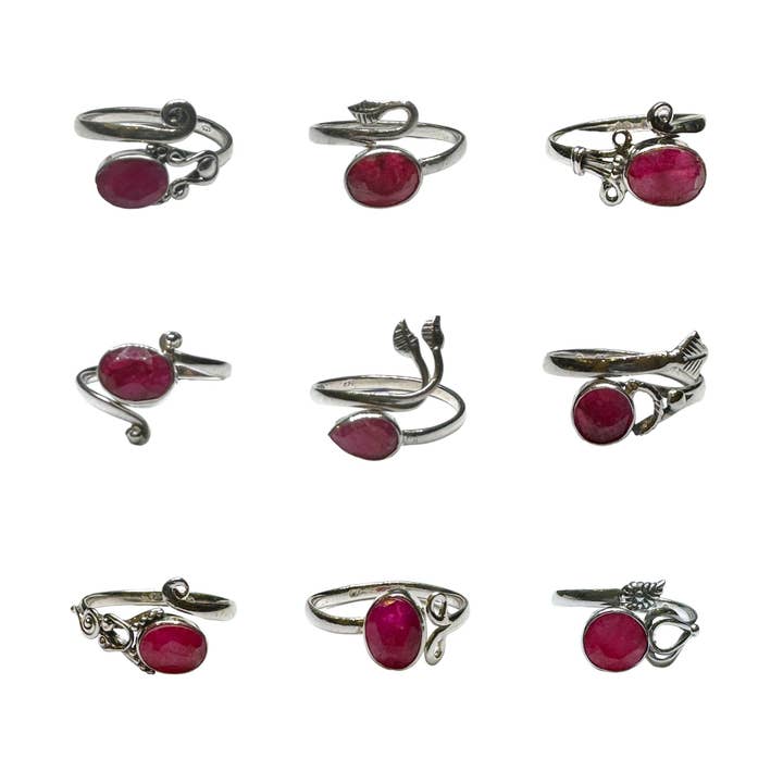 Foliesbijoux - Wholesale Single Stone/Solitaire Ring - Adjustable ring 925 silver & faceted ruby random model
