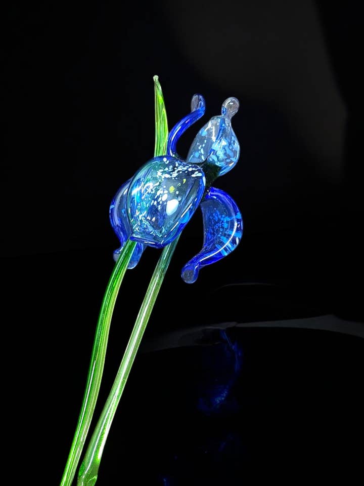 Blue Glass Iris - Handcrafted Long Stem Flower for wholesale by Glass by Iness