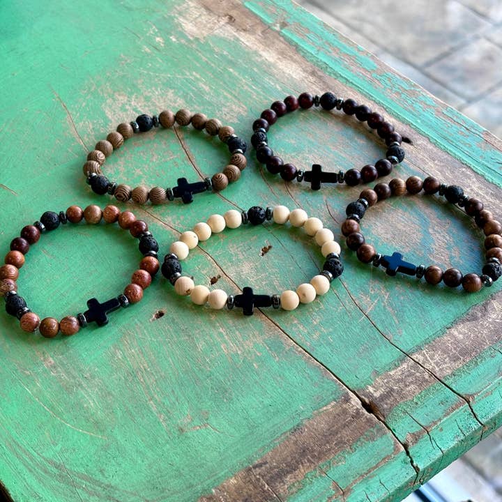 Love and Honor Jesus LLC - Wholesale Beaded Bracelet - Wood Lava Cross Bracelet