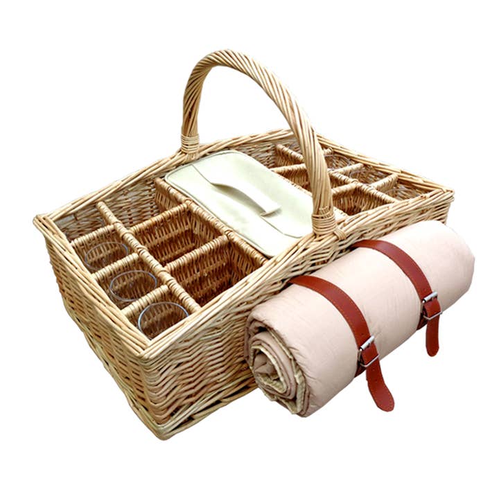 6 flasker kurvet picnickurv med briller og tæppe for engroshandel hos Red Hamper