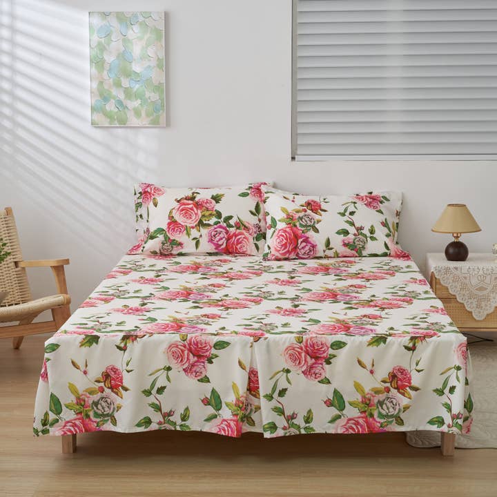 DaDa Bedding Romantic Roses Floral Bed Skirt - Matching Pink & White Ruffled Dust Ruffle for Quilted Coverlet Set - Lightweight & Breathable Polyester Bedskirt for wholesale by DaDalogy Bedding