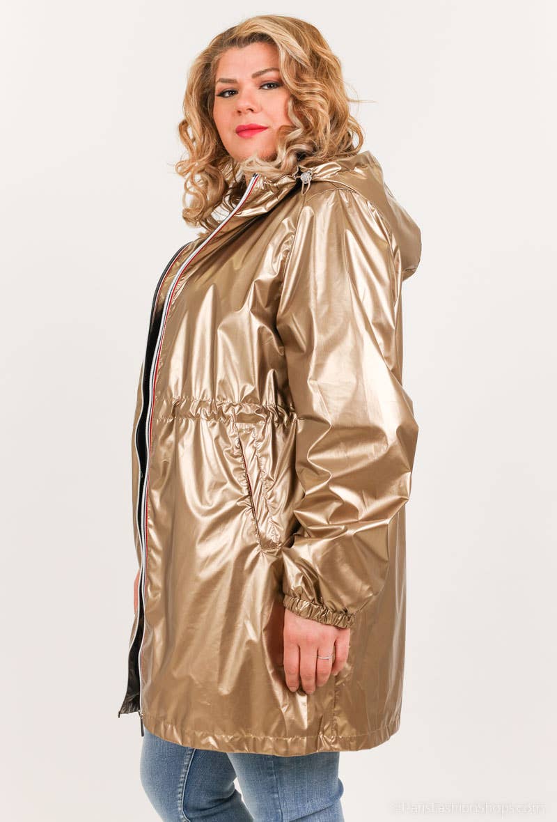 Attrait Paris - Venta al por mayor Cortavientos - Mujer - Cortavientos largo metálico con capucha y cremallera de colores Tallas grandes13