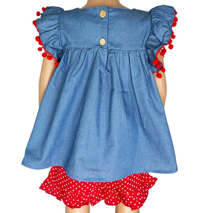 AnnLoren - Wholesale Top & Short Set - Kids - Big Girls Blue Chambray Apple top with Red polka Dot Shorts