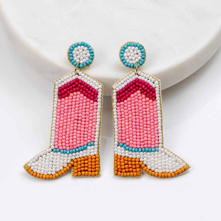 The Royal Standard - Wholesale Dangle Earrings - Cowgirl Boots Beaded Earrings White/Multi 3"