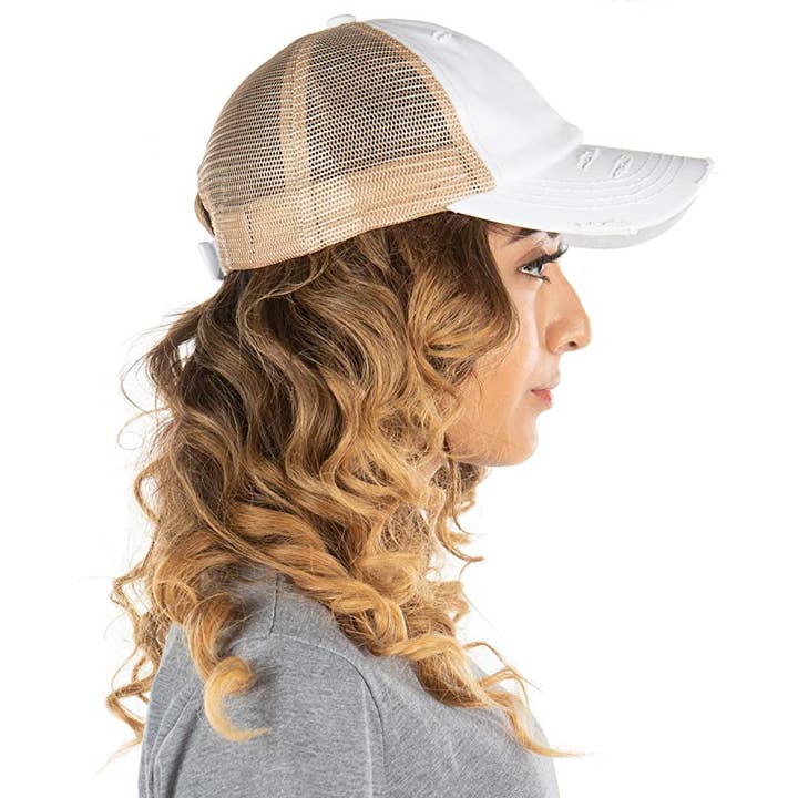 Funky Junque - Wholesale Trucker hat – Women’s - Trucker Hat (White/Beige Mesh)1