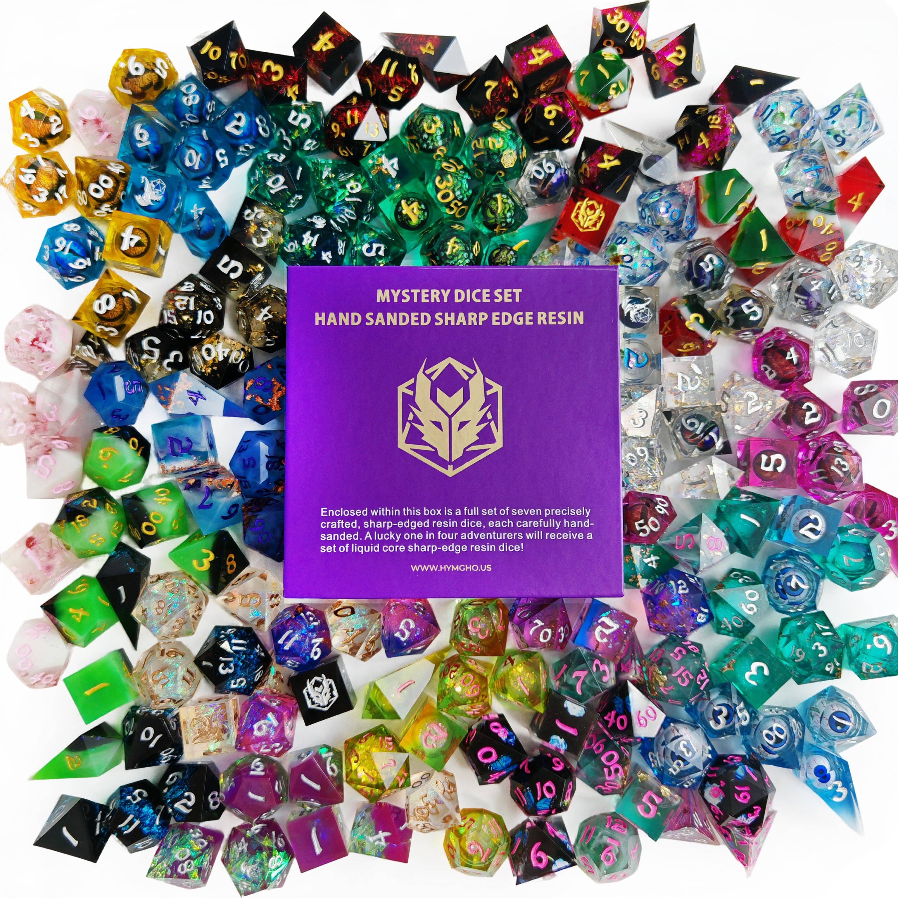 Hymgho Premium Dice - Wholesale Dice - Mystery Set of 7 Hand Sanded Sharp Edge Resin Dice0