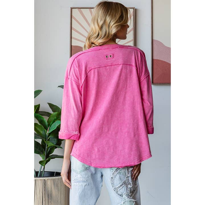 Oli&Hali - Wholesale Knit Top - Women's - SMOCKED FRONT HENLEY NECK OVERSIZED TOP