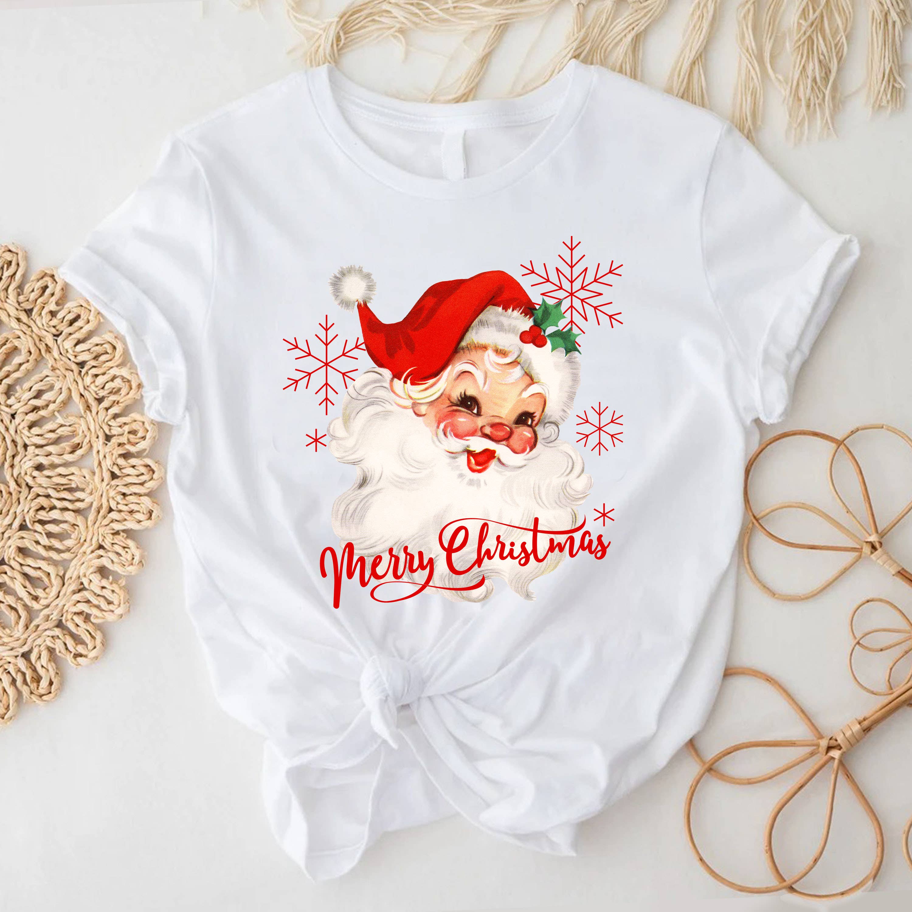 STARCHIS - Vente T-shirt sérigraphié – femme - Joyeux Noël, père Noël vintage, rouge5