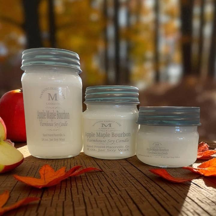 Apple Maple Bourbon Soy Wax Mason Jar Candle for wholesale by Manning Family Farm