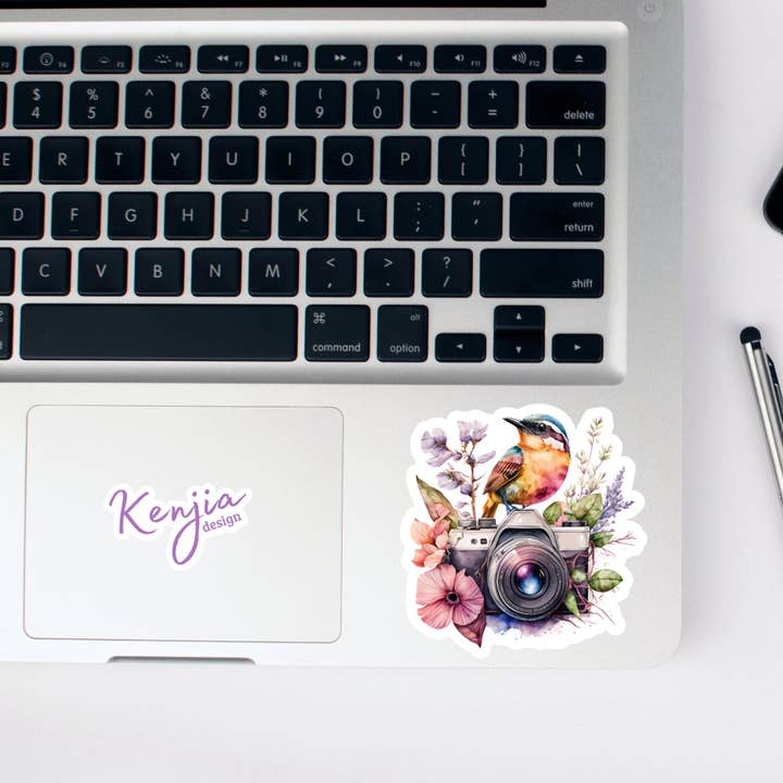 Kenjia Design – wholesale Klistermärke – Blommig kamera med fågel akvarell klistermärke/vattentät