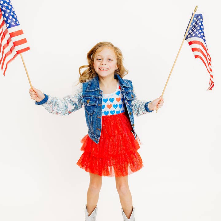 Robe en tulle rouge, blanc et bleu scintillant pour la vente par Three Wildflower Designs