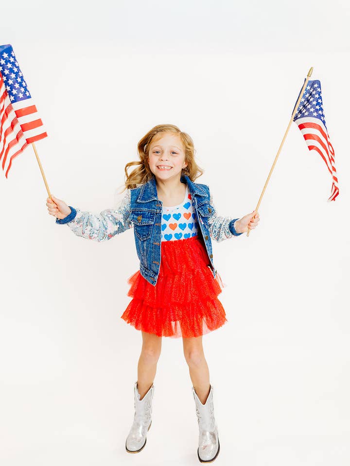 Robe en tulle rouge, blanc et bleu scintillant pour la vente par Three Wildflower Designs