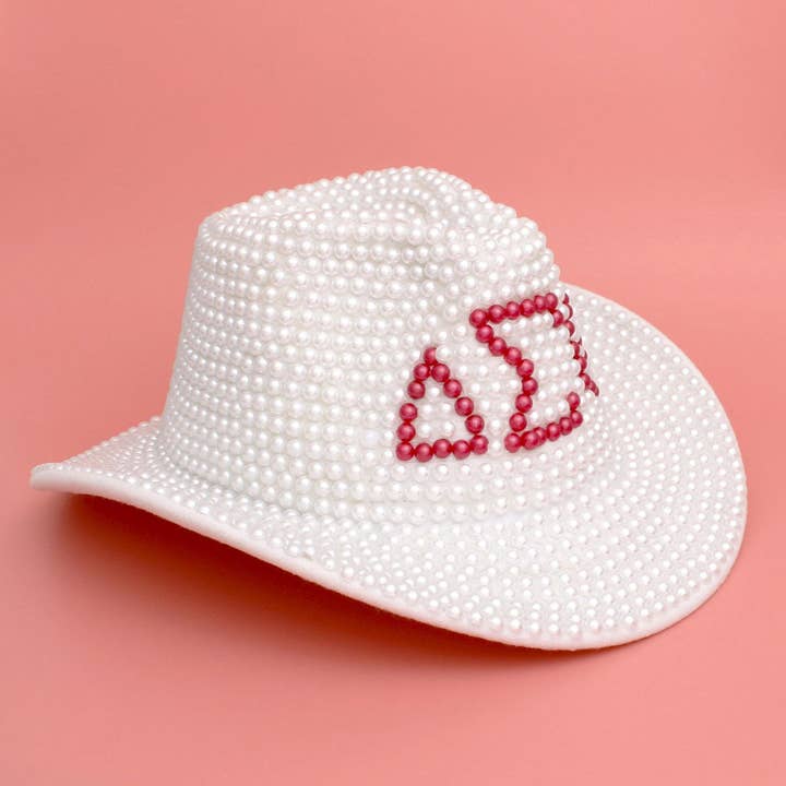 DST Sorority White and Red Pearl Fedora Hat Women for wholesale on Faire