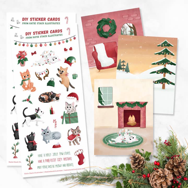 Cartes autocollantes de Noël à faire soi-même - Chats pour la vente par Katie Stack Illustrates