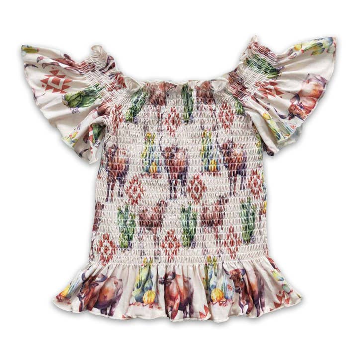 Highland cow cactus aztec elastic girls western shirt for wholesale by Yawoo Garments