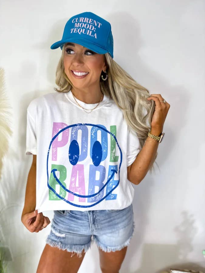 Pool Babe Smiley White Graphic Tee for wholesale by birdie