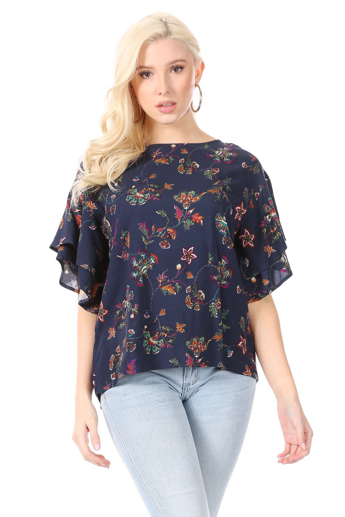 CORNER 123, Wholesale Women's Clothing - Wholesale Blouse - Dames - (6 stuks) Marineblauw, Thistle Print Top