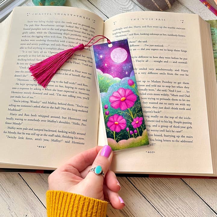 Moonlight Cosmos Bookmark | Laminated + Optional Tassel for wholesale by The Swimming Owl