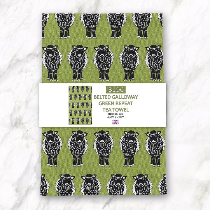 Belted Galloway Repeat Pattern Green Tea Towel for wholesale by Perkins & Morley