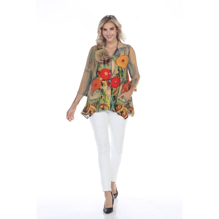 Blusa com Botões e Estampa de Jardim Fantasioso por atacado de Aris A