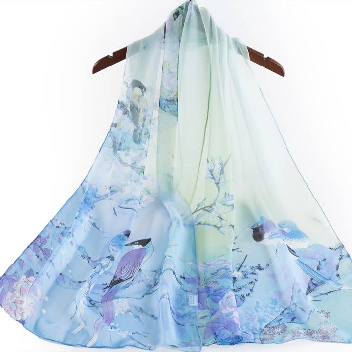 SignareArt - Vente Écharpe – femme - SC-Chiffon Bird Blossom Bleu ciel | Écharpe en mousseline2