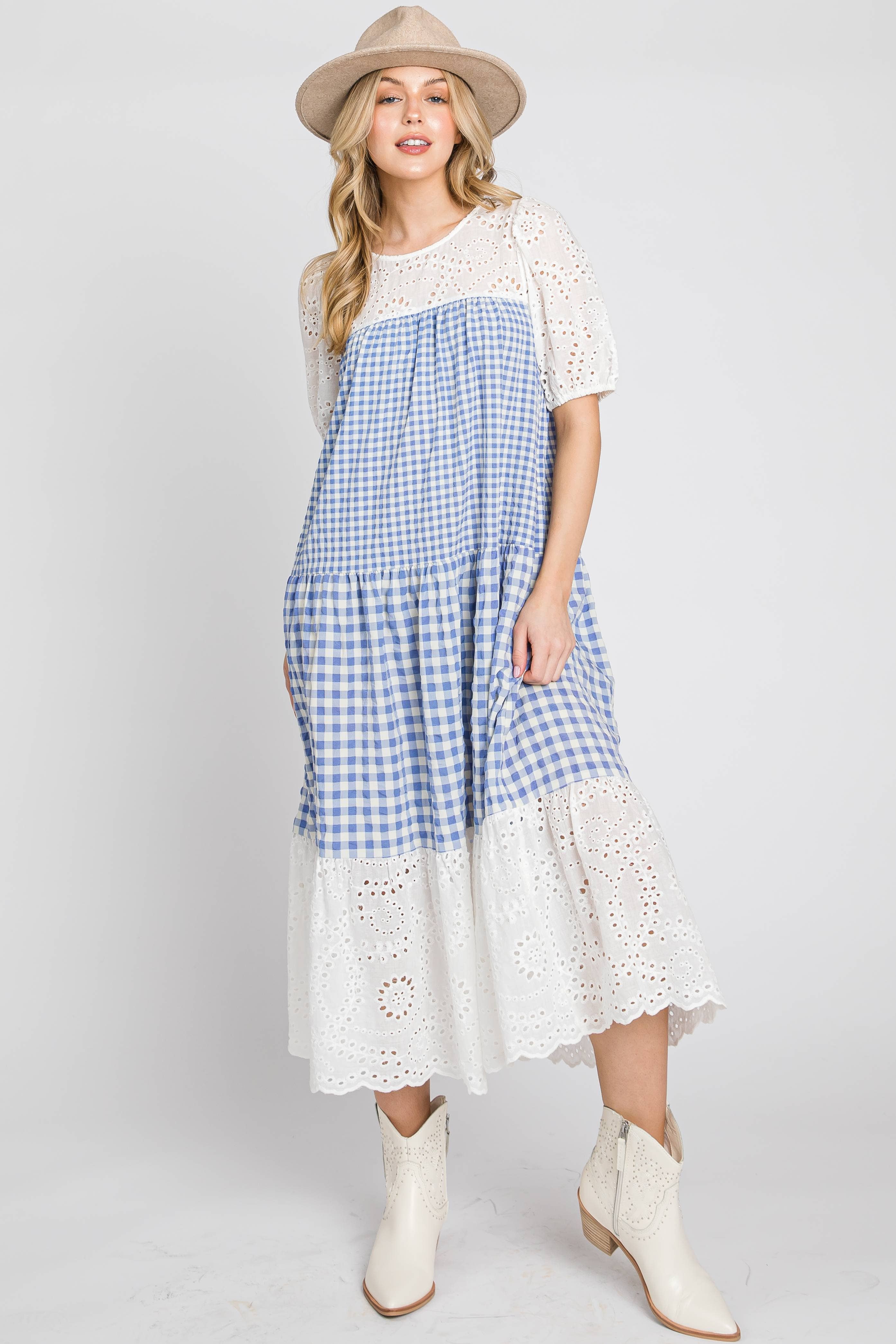 ELLEBORN - Wholesale Dress - Women's - Gingham with cotton eyelet midi dress  3127D-23