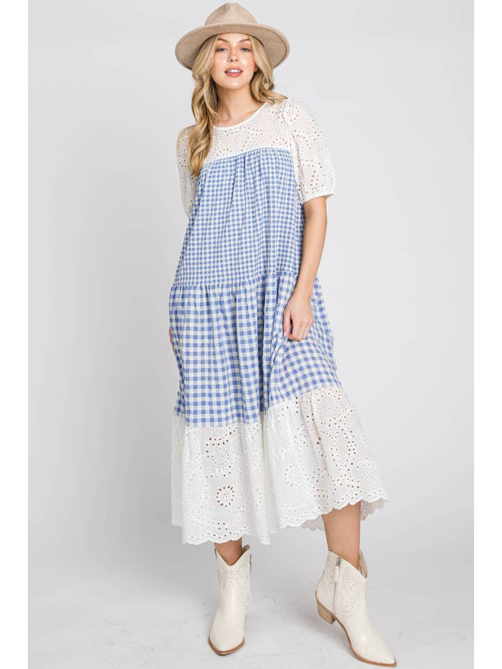 ELLEBORN - Wholesale Dress - Women's - Gingham with cotton eyelet midi dress 3127D-23