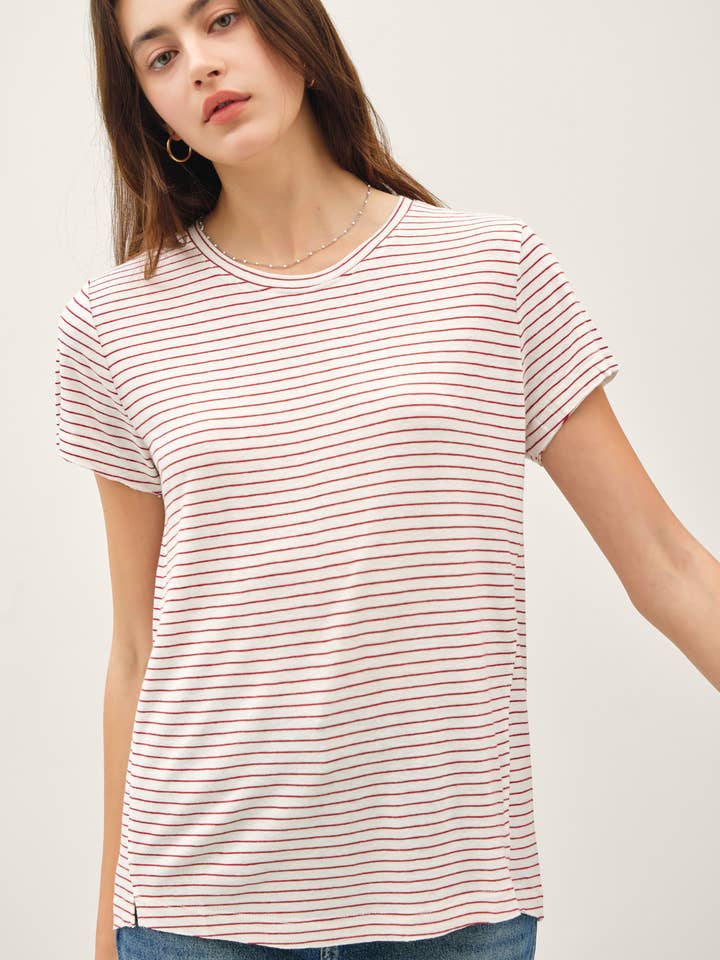 LINEN BLENDED STRIPED RELAXED TEE for wholesale by Be Cool