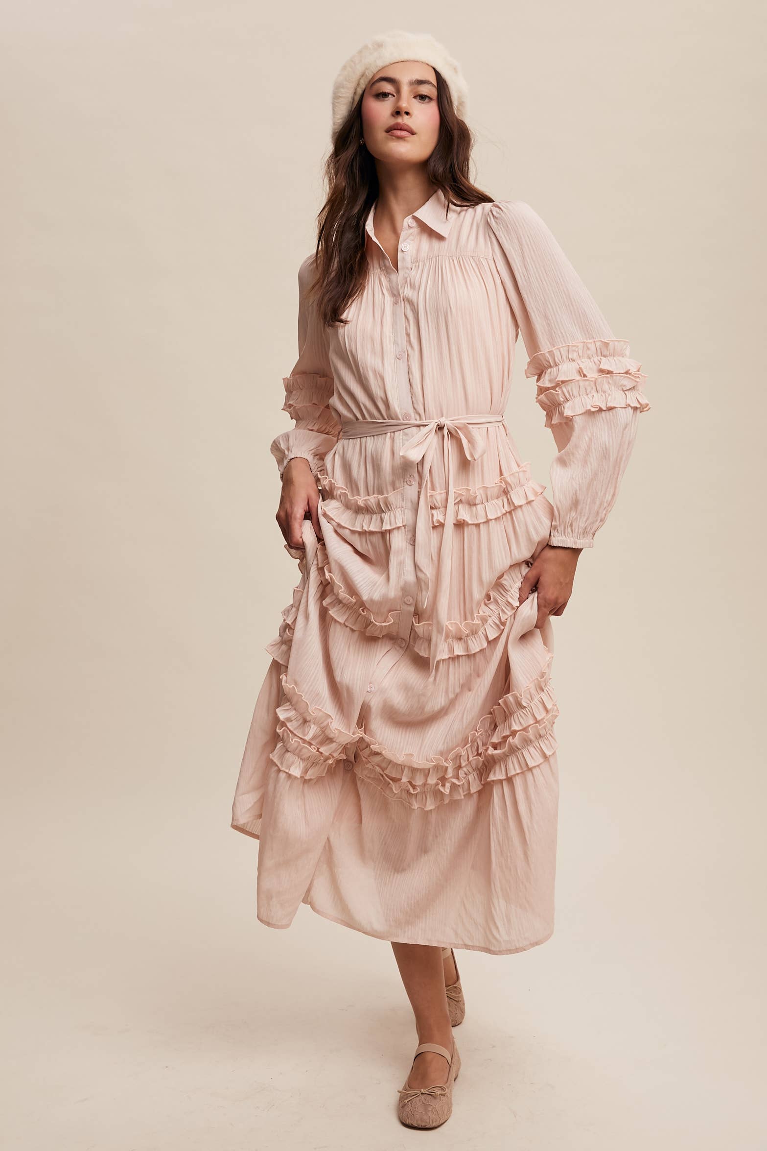 Listicle - Wholesale Dress - Women's - Ruffled Belted Maxi Shirt Dress LD149619