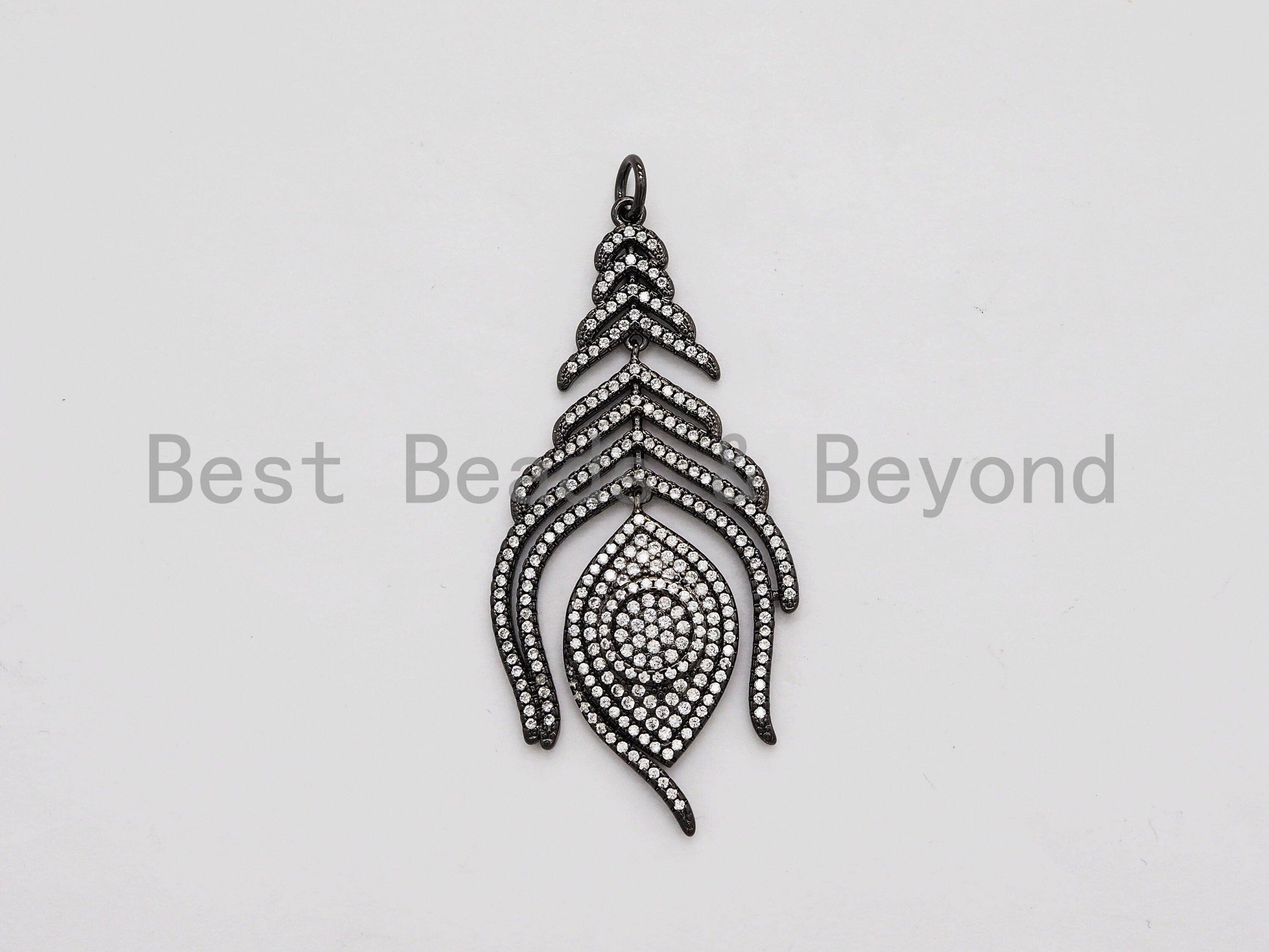 BestBeads&Beyond – wholesale Individual charm/pendant – Large CZ Micro Pave Black Feather Pendant with  Evil Eye Beads,Cubic Zirconia pave Charm, Focal Pendant, 27x59mm,sku#F5263