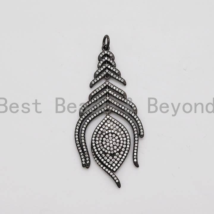 BestBeads&Beyond – wholesale Individual charm/pendant – Large CZ Micro Pave Black Feather Pendant with Evil Eye Beads,Cubic Zirconia pave Charm, Focal Pendant, 27x59mm,sku#F5263