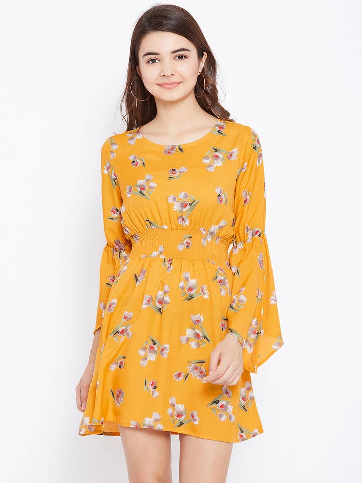 Vestido de crepé Blue Pigeon con estampado floral multicolor y mostaza para mujer para venta al por mayor de STYLE INSTANT