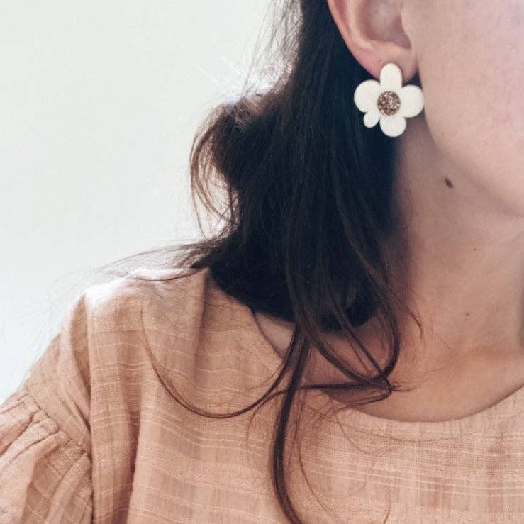 Foxie Collective - Wholesale Stud/Post Earrings - Moon Flower Midi Stud Earrings | Cream + Gold Glitter  | WHOLESALE2