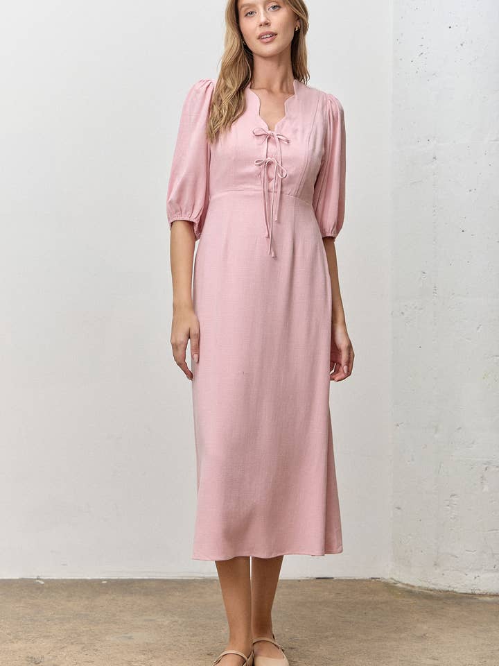 SCALLOP EDGE WITH TIE FRONT MIDI DRESS for wholesale by Polagram by Wellmade USA