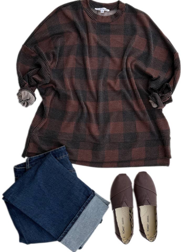 Urbanes geripptes Langarm-Karo-Sweatshirt | Hergestellt in den USA für den Großhandel von 24-Hrs Fashion